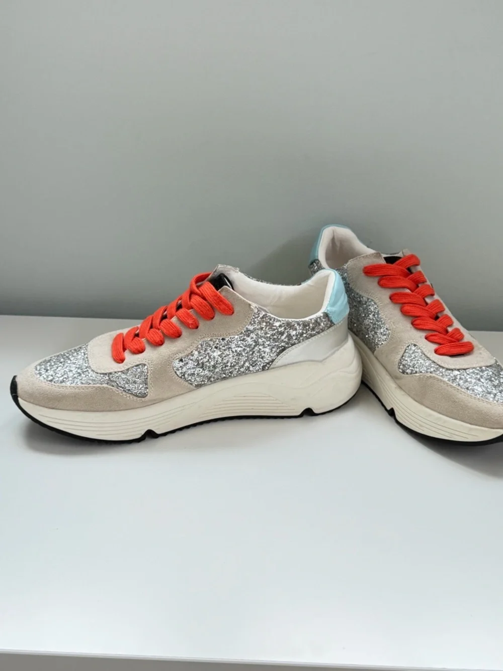 White Raven Glitter Star Sneakers 7 Chunky Platform Y2K Golden Goose Inspired